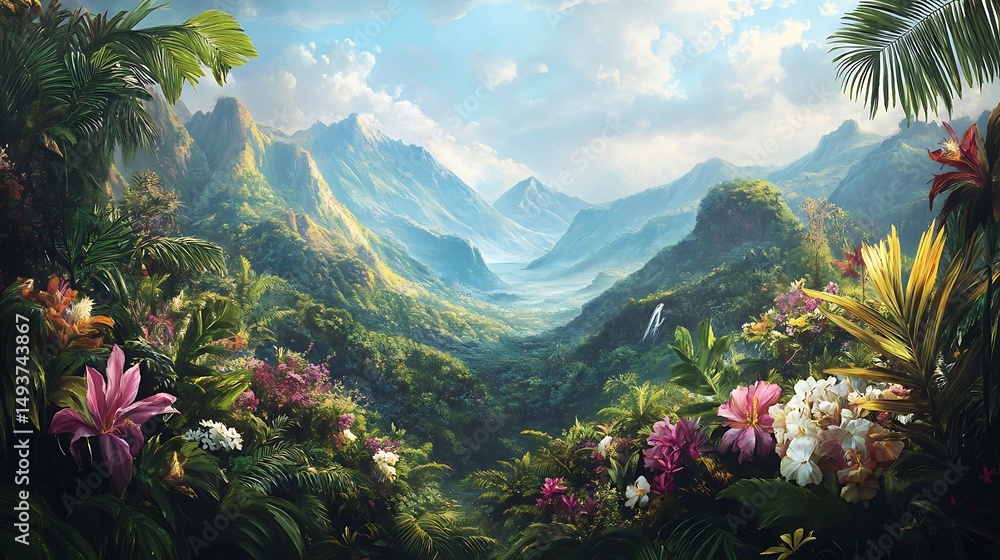 Obraz premium Lush valley framed by vibrant tropical vegetation.