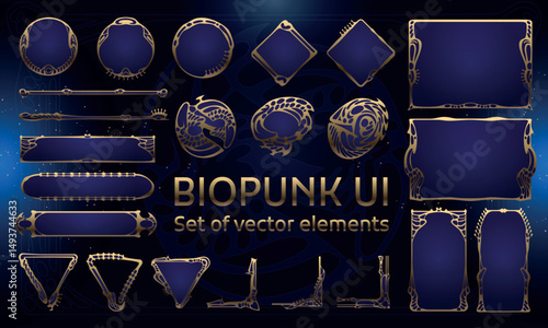 Set of Biopunk Elements for user interface, poster, video. Tech futuristic HUD. Template for rpg game interface. Vector Illustration EPS10	
