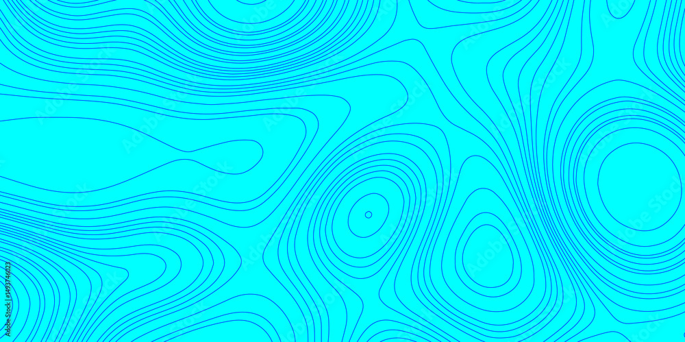 Fototapeta premium Blue geographic grid map cartography mountain relief topographic line contour texture background, blue and cyan contours wavy topography stylized curve pattern line terrain map abstract background.