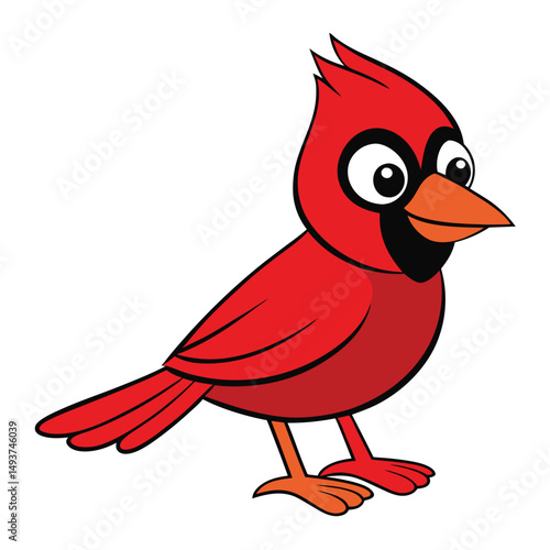 Cartoon cardinal character with orange beak and feet stands cheerfully on white background