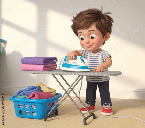 Young Boy Ironing Laundry Happily