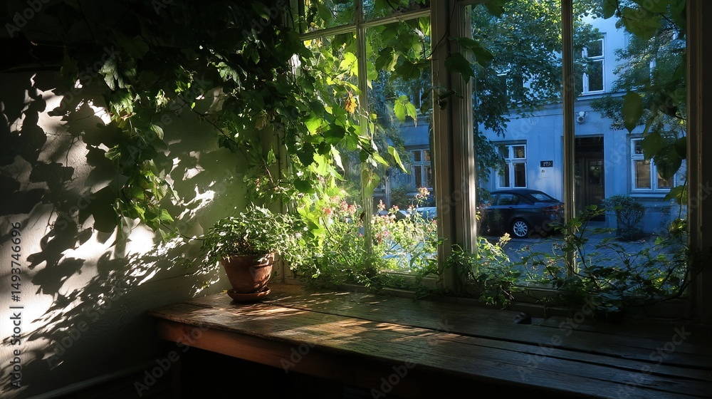 Obraz premium A potted plant on a window sill beside a parked car in the background