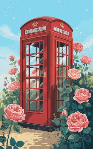 Red Telephone Box Surrounded by Roses