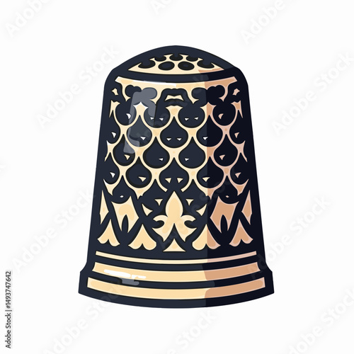Detailed Illustration of a Vintage Thimble with Ornate Gold and Black Design on White Background