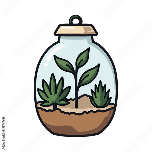 Cartoon Terrarium with Small Green Plants and Soil in a Glass Container Illustration