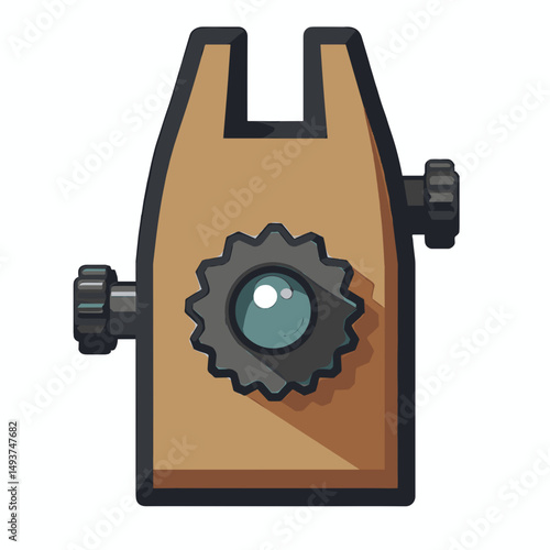 Cartoon Illustration of a Vintage Camera with a Gear-Shaped Lens and Adjustable Knobs for Photography Enthusiasts