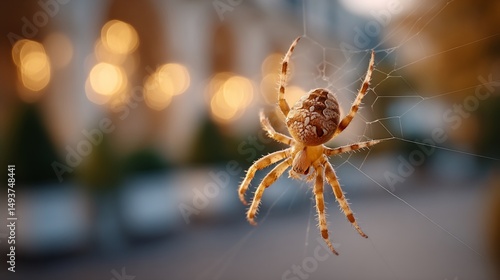 Orb weaver spider suspends in silken web