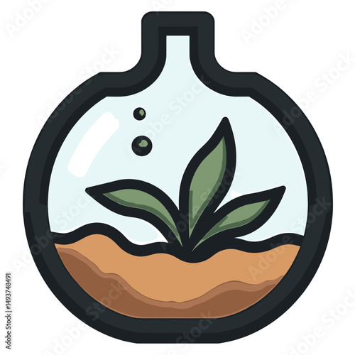 Illustration of a Plant Growing in a Glass Flask Terrarium with Soil and Water, Symbolizing Environmental Science and Sustainability