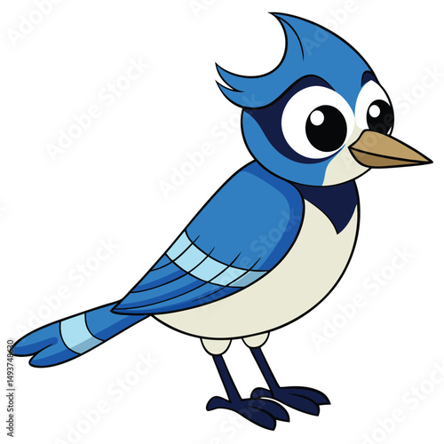 Cartoon Blue Jay bird stands alert, eyes wide and beak partially open
