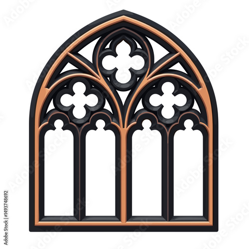 Detailed Gothic Style Window Frame Illustration with Intricate Design and Architectural Elements, Isolated on White