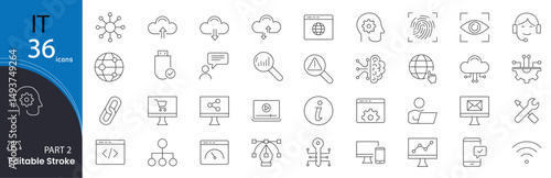 IT icon set. Information technology and computing related line icon. computer, coding, server, cloud, network, database, security, support, software and hardware. Editable stroke. Vector illustration.