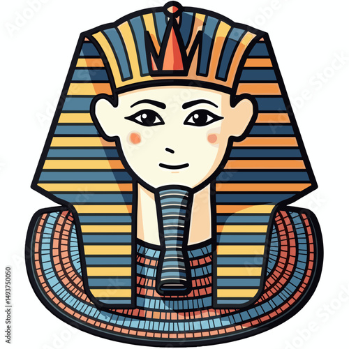 Cartoon Illustration of an Egyptian Pharaoh Tutankhamun with Traditional Headdress and Collar, Ancient Egyptian Culture