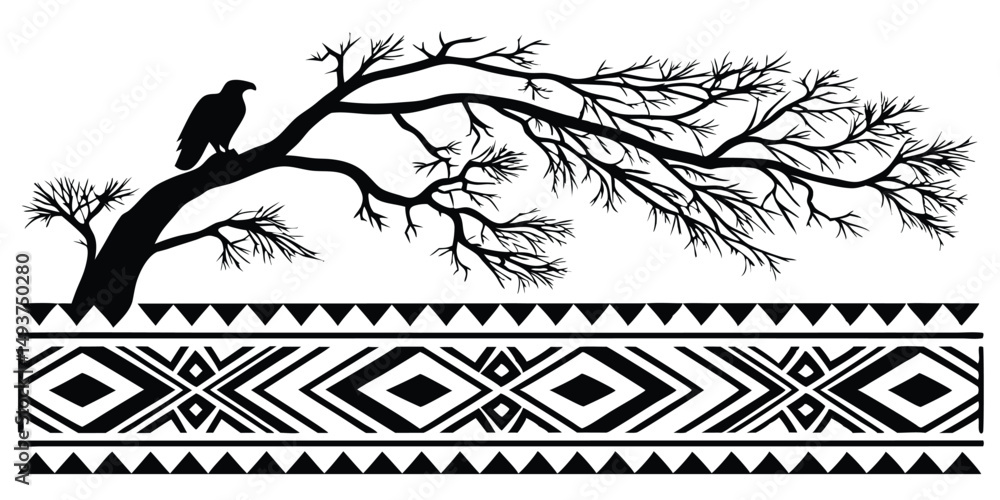 Fototapeta premium Silhouette of an eagle perched on a barren tree branch with tribal geometric pattern