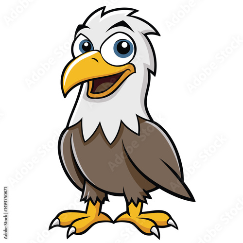Cartoon eagle character stands, smiling widely with bold outlines against a white backdrop