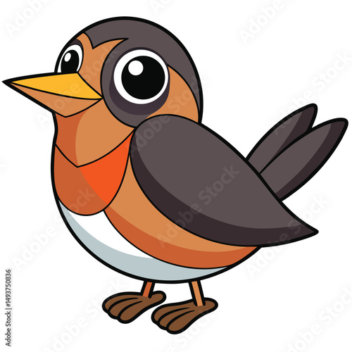 Cute cartoon robin with brown and orange plumage is standing calmly