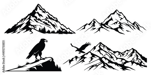 Majestic himalayan mountain range illustrations with eagles perched and in flight