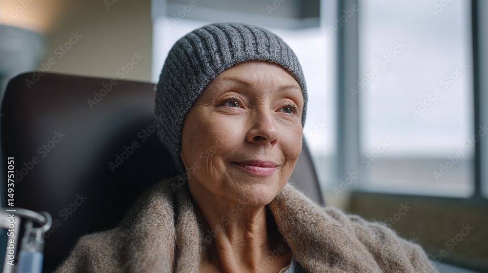 Mature woman smiling while sitting in hospital chair during treatment Mature woman smiling while sitting in hospital chair during treatment