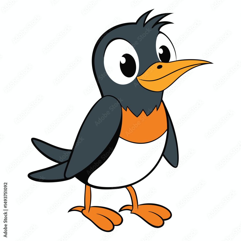 Obraz premium Cheerful cartoon robin with orange beak and feet stands cutely on white