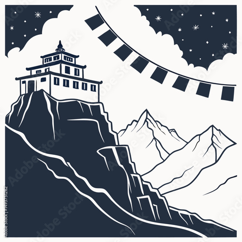 Serene mountaintop monastery at night with prayer flags and starry sky