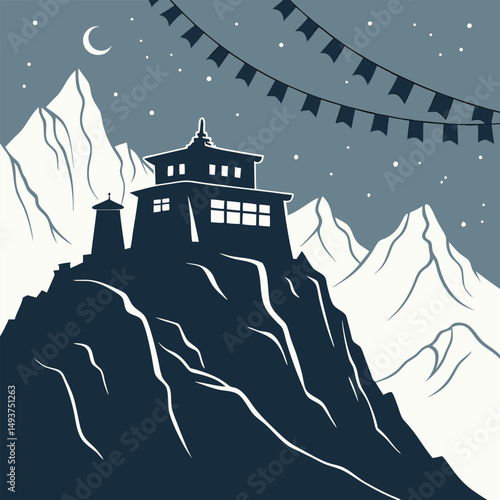 Serene night scene of a mountaintop monastery with prayer flags under the crescent moon