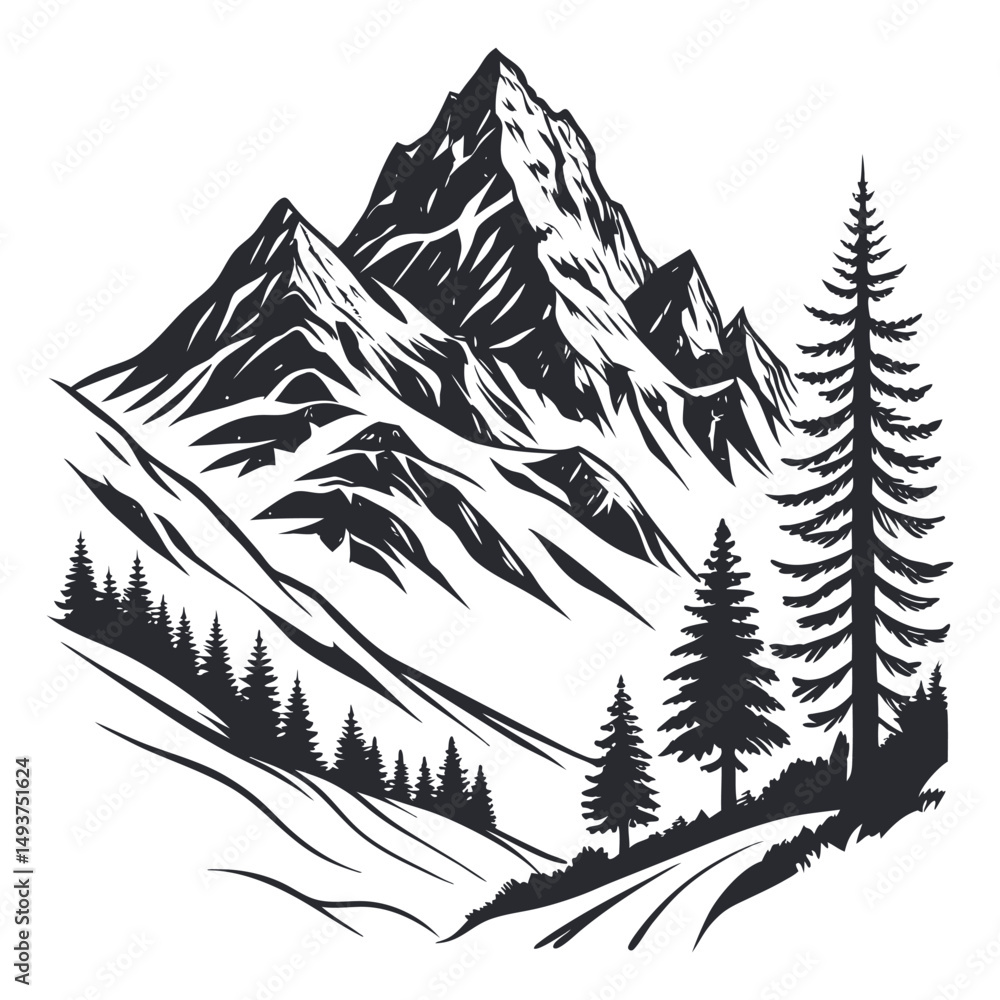 Fototapeta premium Himalayan mountain black and white mountain landscape with pine trees and winding path