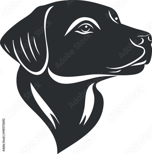 Black and white vector illustration of a dog's head in profile showing alert and friendly expression
