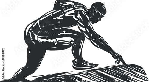 Black and white illustration of a male athlete crouched in starting position ready to sprint on a track
