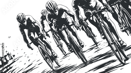 Black and white illustration of cyclists racing competitively on road bikes during a cycling event