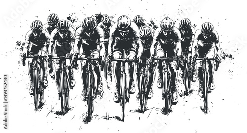 Black and white illustration of a group of cyclists racing together in a competitive cycling event.