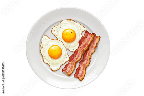 A delicious breakfast meal of fried eggs with bacon and sausage, featuring a bright yellow yolk on a white plate