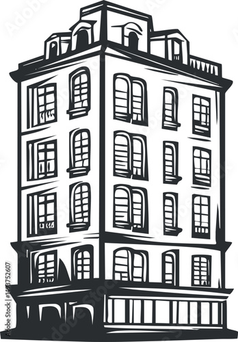 Black and white sketch of a multistory urban building with many windows and architectural details.