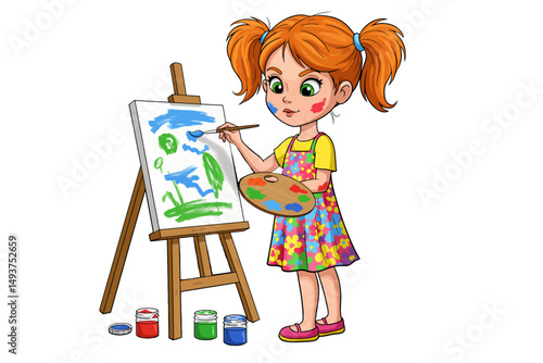 Little girl happily painting with a brush in a cartoon art style