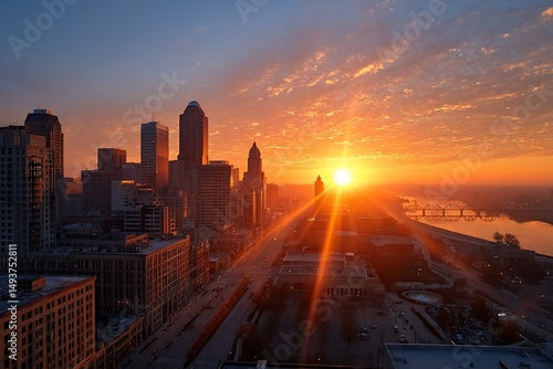Radiant cityscape awash in sunrise glow