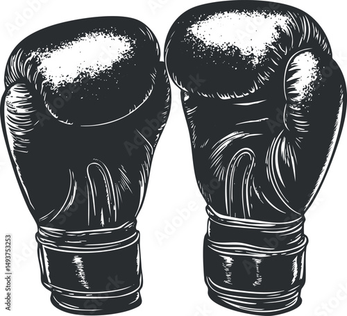 Illustration of a pair of black and white boxing gloves used for boxing training and combat sports