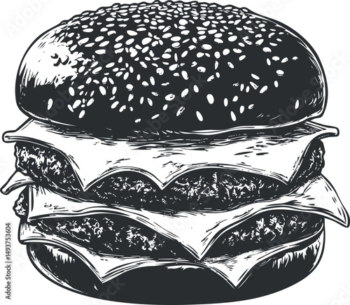 Black and white hand drawn illustration of a double cheeseburger with sesame bun and melted cheese