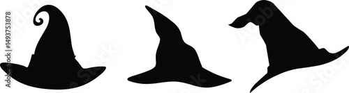 Halloween Witch Hats Silhouette: A collection of silhouettes showcases the iconic pointed witch hat, a symbol of Halloween, featuring a distinctive curled tip.