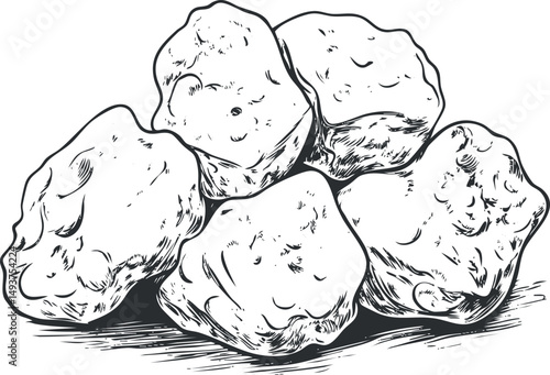 Black and white hand drawn illustration of a pile of rough natural stones or rocks with textured surface
