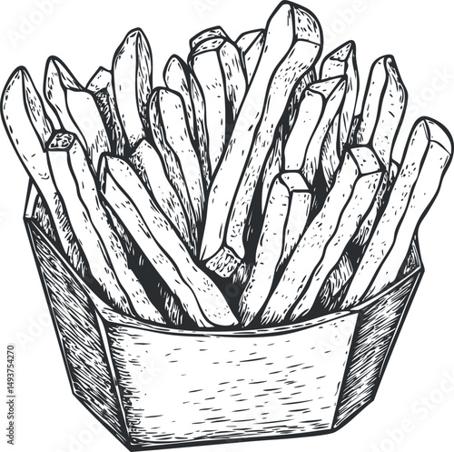 Hand drawn black and white illustration of crispy french fries in a takeout box