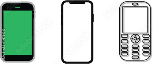 Mobile Phone Evolution: Three generations of mobile phones; modern smartphone, smartphone outline, and older cell phone, showcasing technological advancement. 