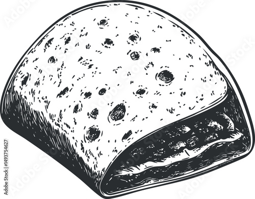 Black and white hand-drawn illustration of a pastry dessert with filling and textured crust