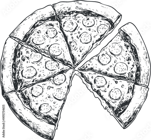 Hand drawn black and white illustration of a sliced pepperoni pizza with one slice separated from the rest.