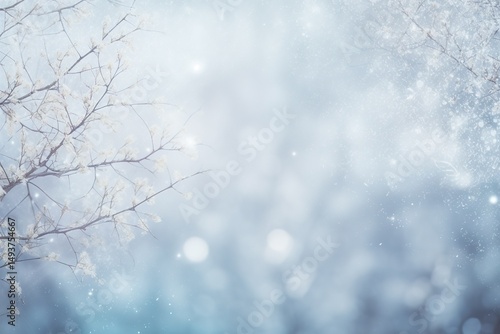 A winter wedding background with frosted branches, twinkling lights, and white snowflakes