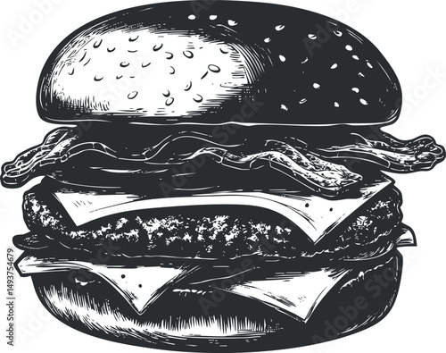 Black and white detailed drawing of a bacon cheeseburger with multiple cheese slices and crispy bacon on a bun.