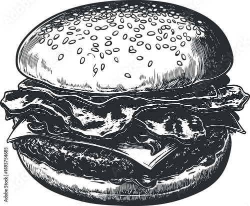 Black and white hand drawn illustration of a classic bacon cheeseburger with sesame seed bun
