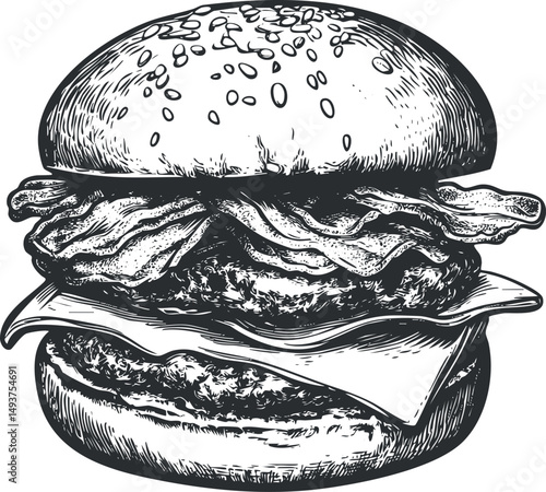 Black and white detailed illustration of a classic bacon cheeseburger with sesame bun and melted cheese