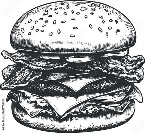 Hand drawn black and white illustration of a crispy bacon cheeseburger sandwich with sesame seed bun