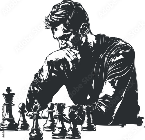 Black and white illustration of a man deeply thinking while playing chess, focusing on strategy and concentration.