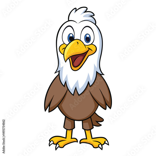 Cheerful cartoon eagle standing upright with a broad smile and bright, inviting eyes