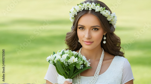 Woman with bunch and chaplet in dress