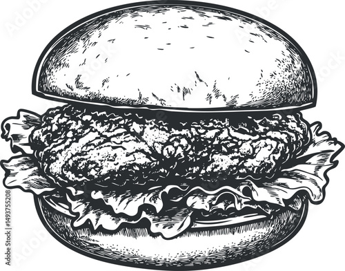 Black and white hand-drawn illustration of a crispy fried chicken sandwich with lettuce in a bun